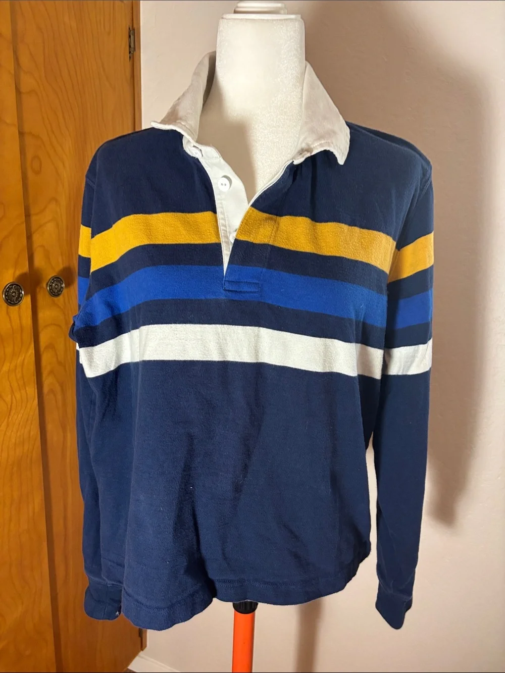 Navy Rugby Stripe Pullover Sweater - Blue, White & Yellow - 100% Cotton